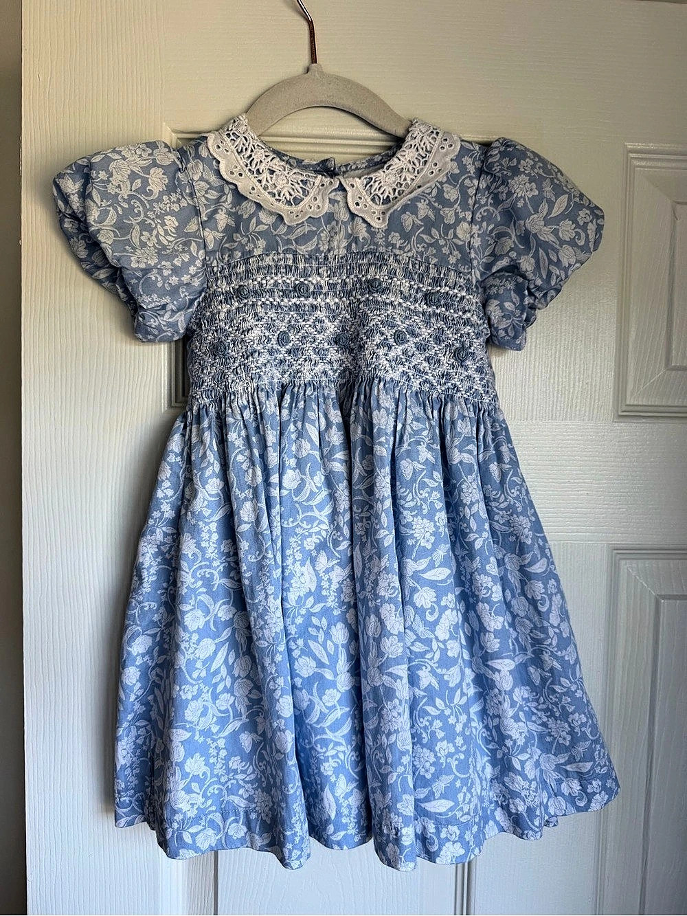 NEXT Blue Floral Smocked Dress with Lace Collar